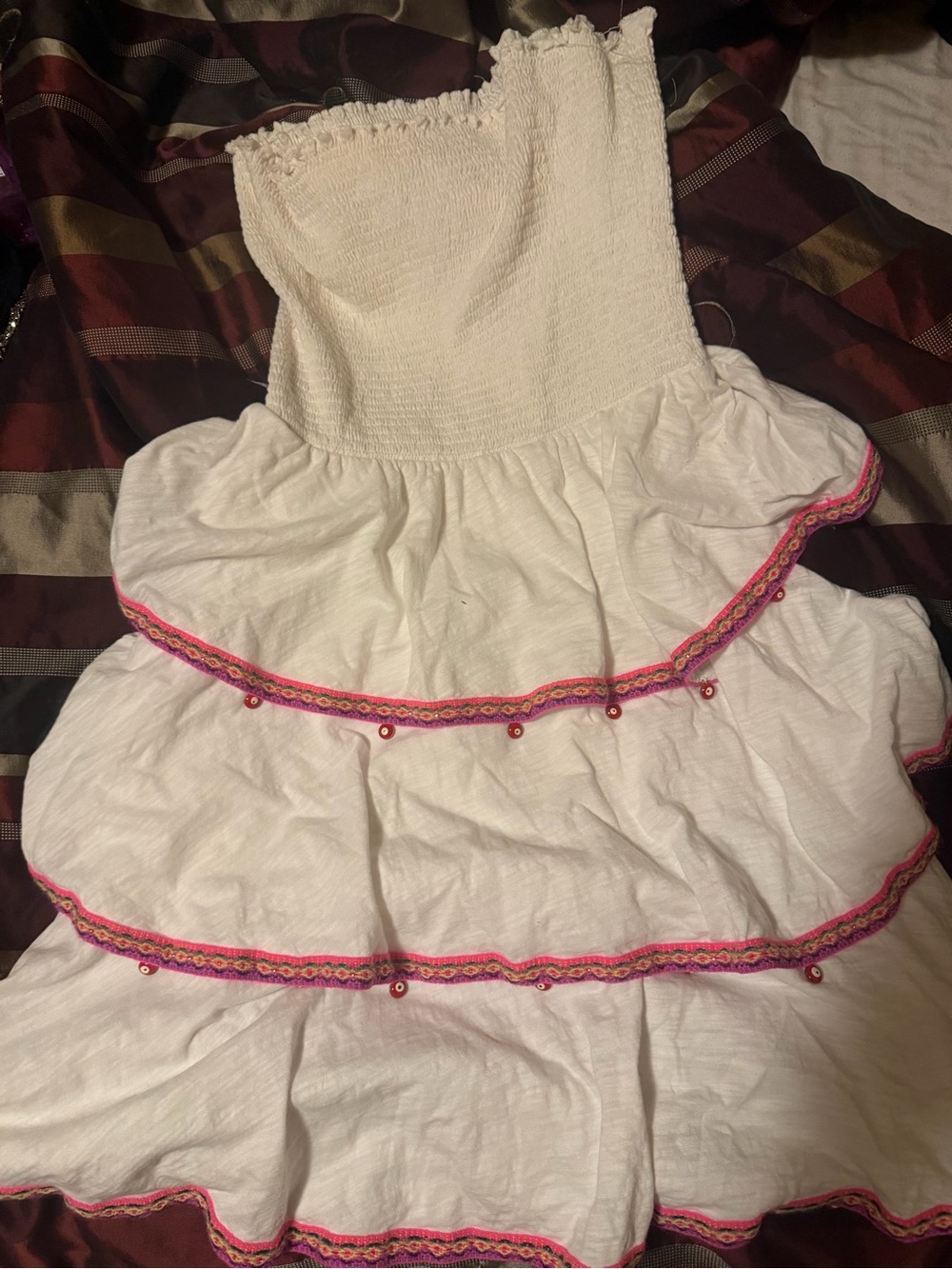 Pitusa White Strapless Tiered Summer Dress with Pink Trim